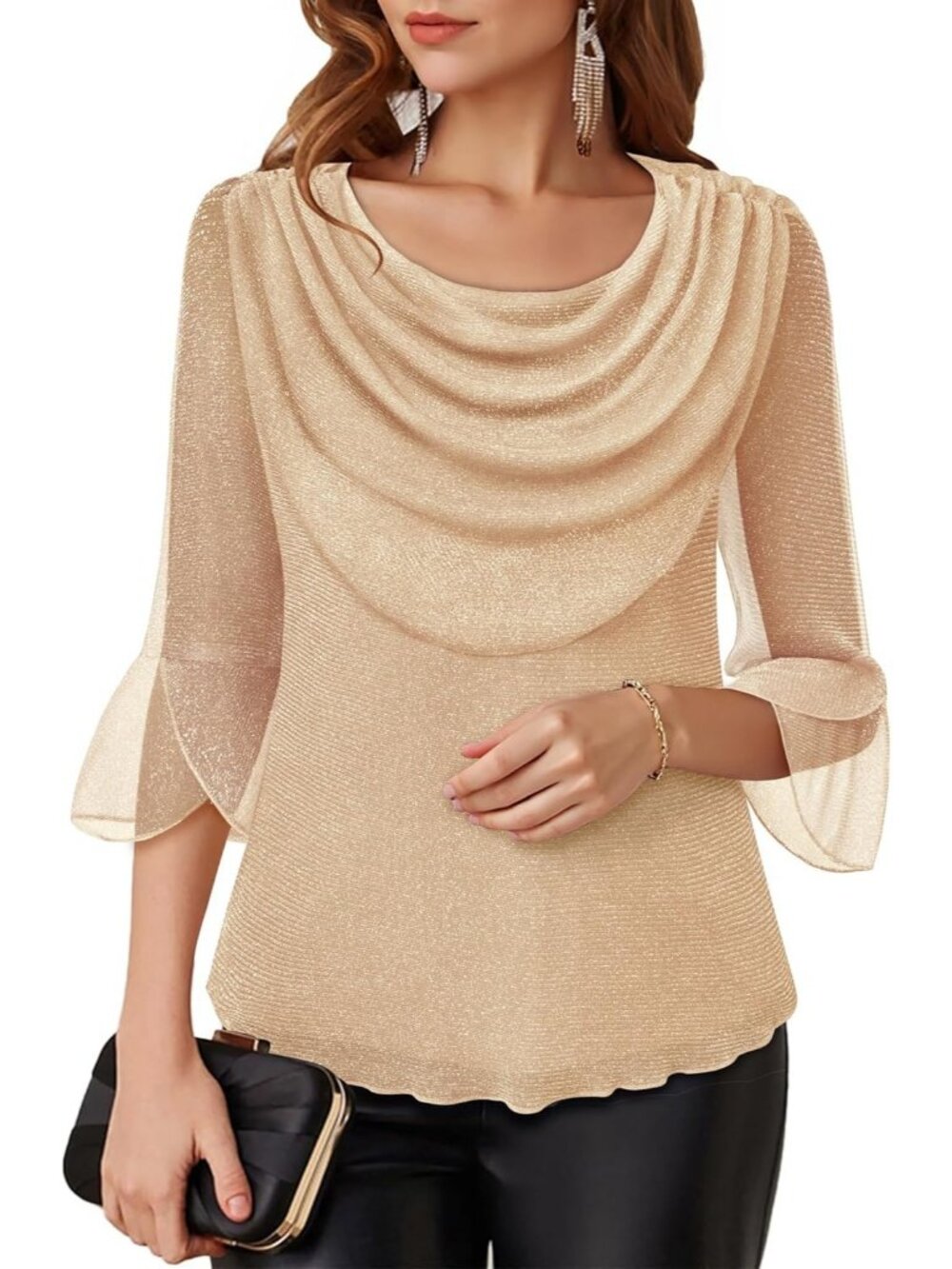 Women's Champagne Cowl Neck Blouse Dressy Casual Outfit 3/4 Sleeve Sparkly Top